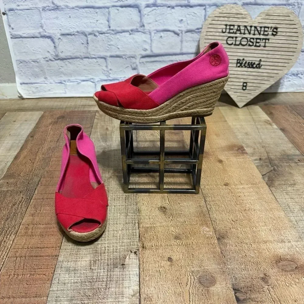 Tory Burch Filipa Colorblock Espadrilles Pink Red Wedge Heel Size